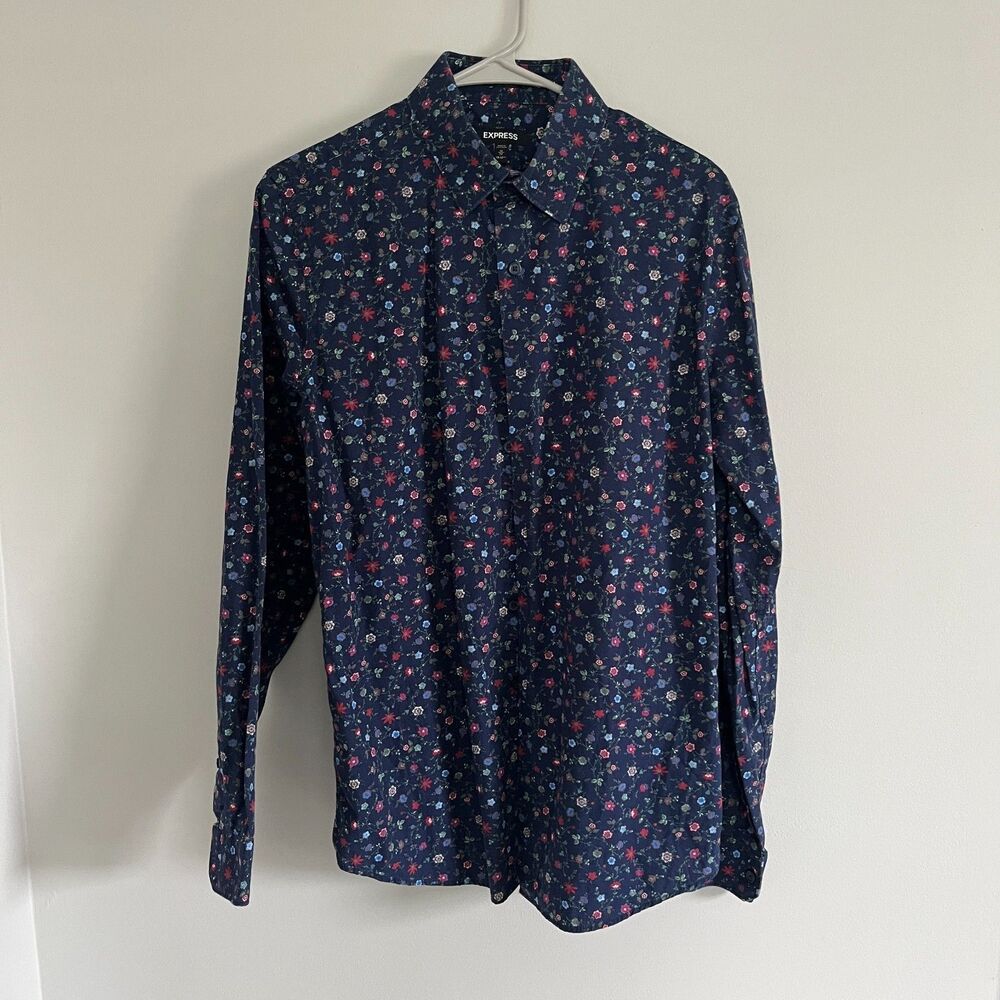Express Shirt Mens Medium Extra Slim Fit Blue Floral Button Down Casual 15-15.5